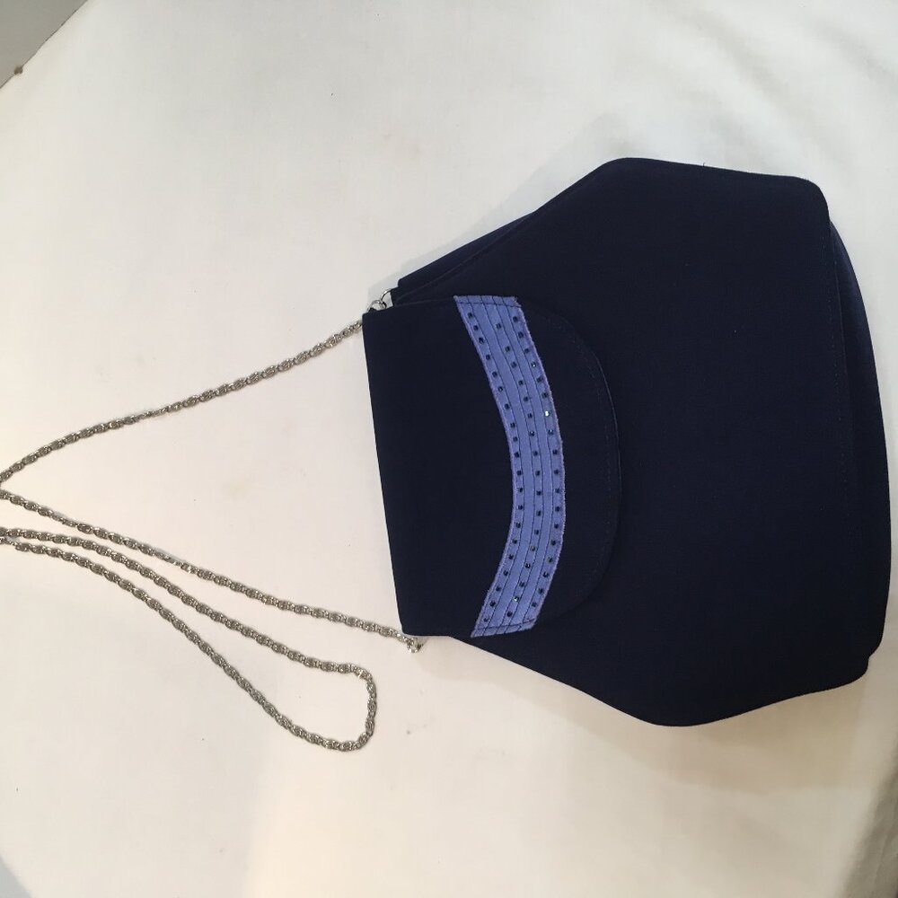 Champagne Itlay evening bag \ crossbody navy blue chain silver 9" tall